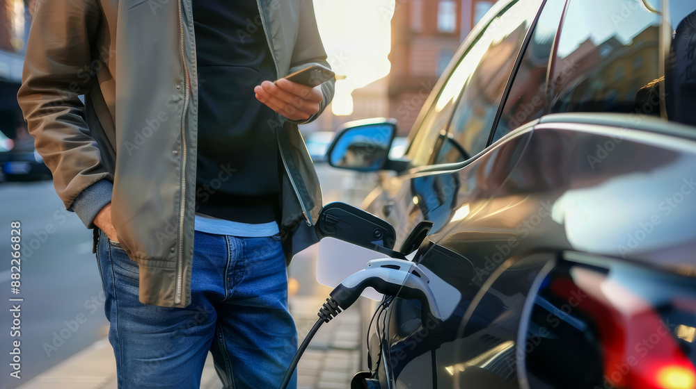 Ultra-Realistic Image of a Man Charging Electric Car on City Street Ultra-Realistic Image of a Man Charging Electric Car on City Street
