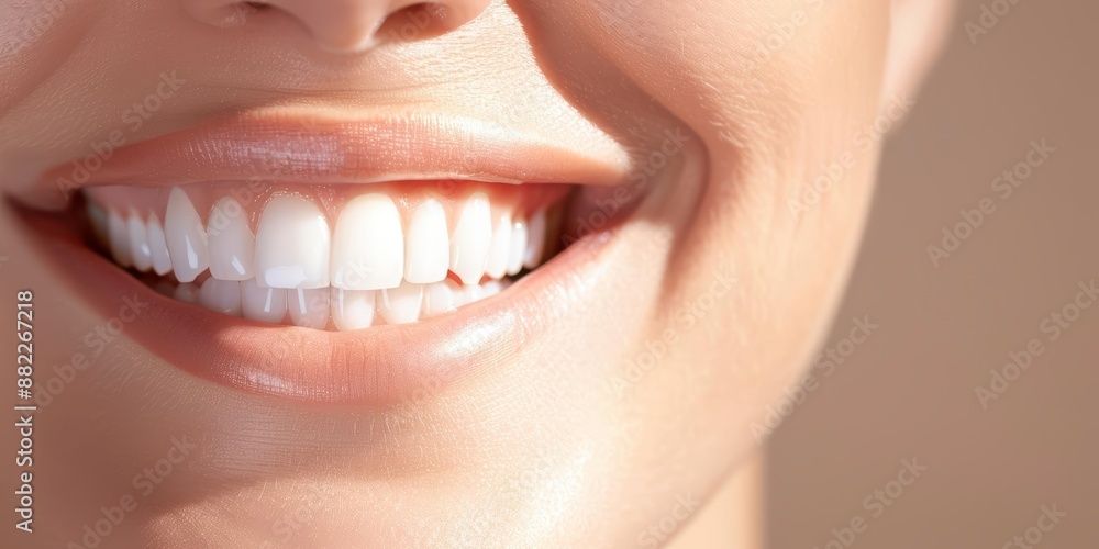 Close-up of a woman's smile showcasing clean white teeth, highlighting dental health and oral hygiene in a natural, candid setting. Close-up of a woman's smile showcasing clean white teeth, highlighting dental health and oral hygiene in a natural, candid setting.
