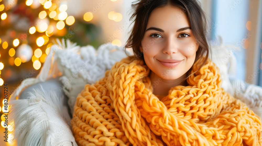 Smiling Brunette Woman Wrapped in Orange Blanket, Sitting on a Armchair at Home, Cozy Fall and Winter Indoor Lifestyle, Leisure and Relaxing, Hygge Time. Smiling Brunette Woman Wrapped in Orange Blanket, Sitting on a Armchair at Home, Cozy Fall and Winter Indoor Lifestyle, Leisure and Relaxing, Hygge Time.