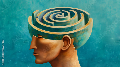 3D Abstract Labyrinth Inside Human Head, Symbolizing Thinking and Problem Solving, Conceptual Illustration of Mind and Intelligence, Psychology and Brain Work Concept.