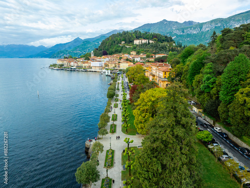 Aerial drone photo of the town of Belagio on Lago di Como, Italy in spring