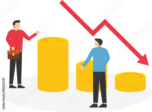 Upset Business people standing near coin piles . Crash in business and career. Analyze data, crash, and Company Bankruptcy. Flat vector illustration.

