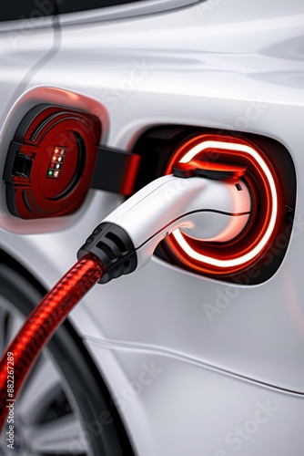 Close-up of an electric car being charged. Clean energy and modern technology concept for sustainable transportation.