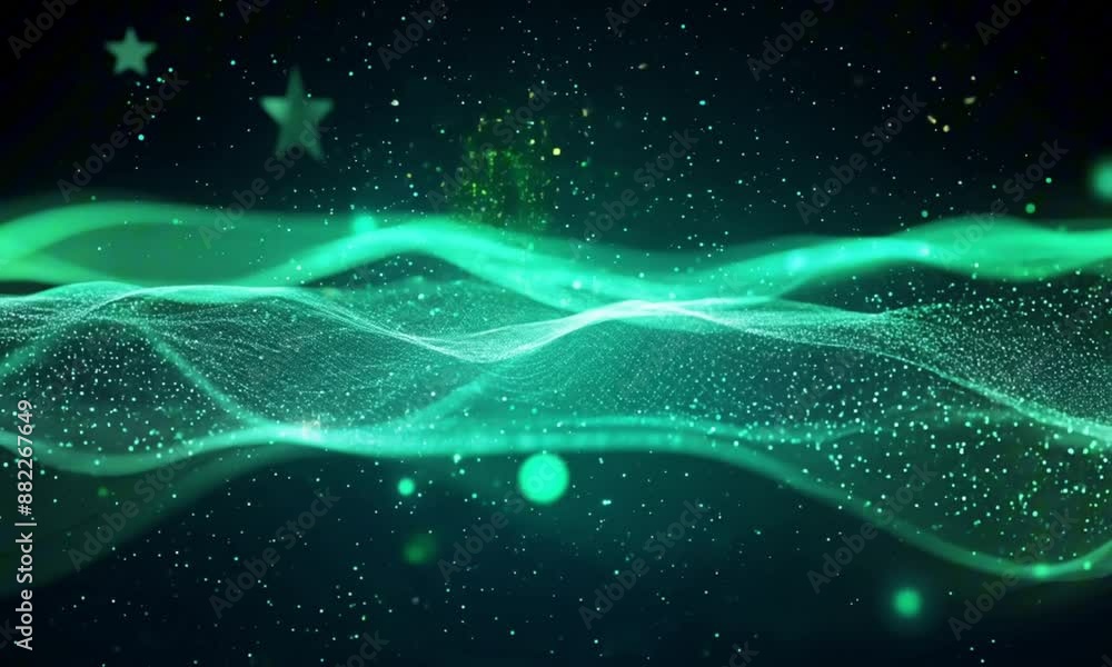 Digital green particles wave and light abstract background with shining dots stars Digital green particles wave and light abstract background with shining dots stars