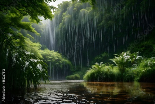 Wonderful heavy rain shower in the sunshine of springtime or summer enjoy the relaxing nature.