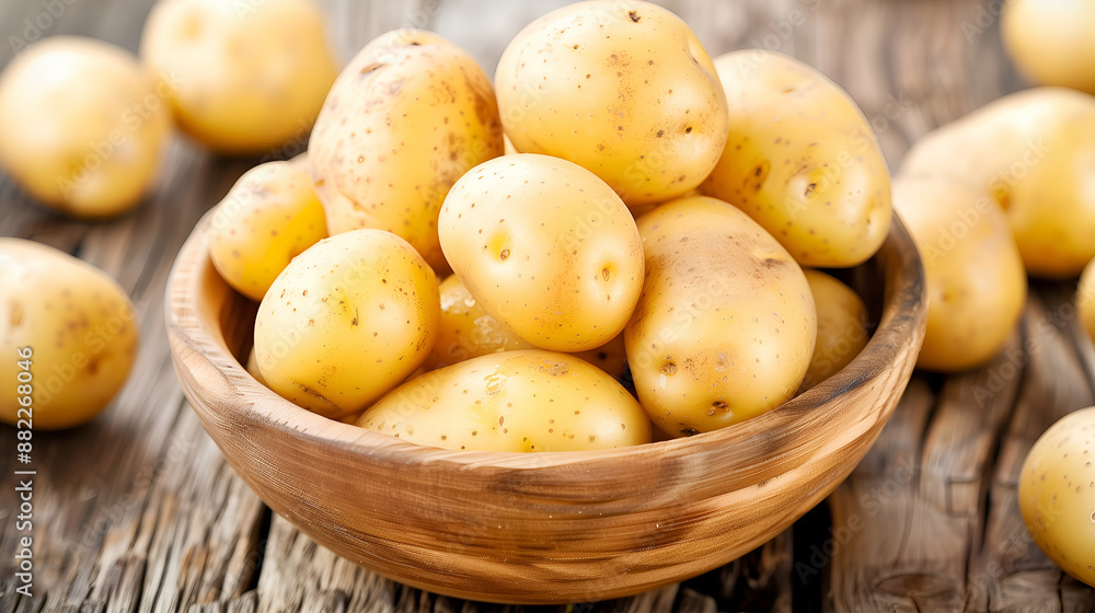 Organic Yellow Potatoes in a Wooden Bowl on a Table, Nutritious and Fresh Group of Potatoes. Organic Yellow Potatoes in a Wooden Bowl on a Table, Nutritious and Fresh Group of Potatoes.