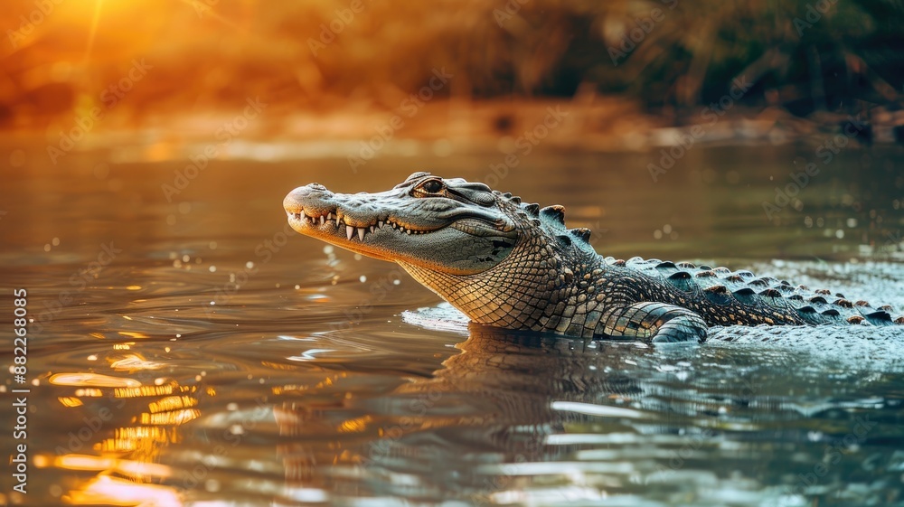 Obraz premium Crocodile swimming in a river with sunlight reflecting on the water, creating a serene scene.
