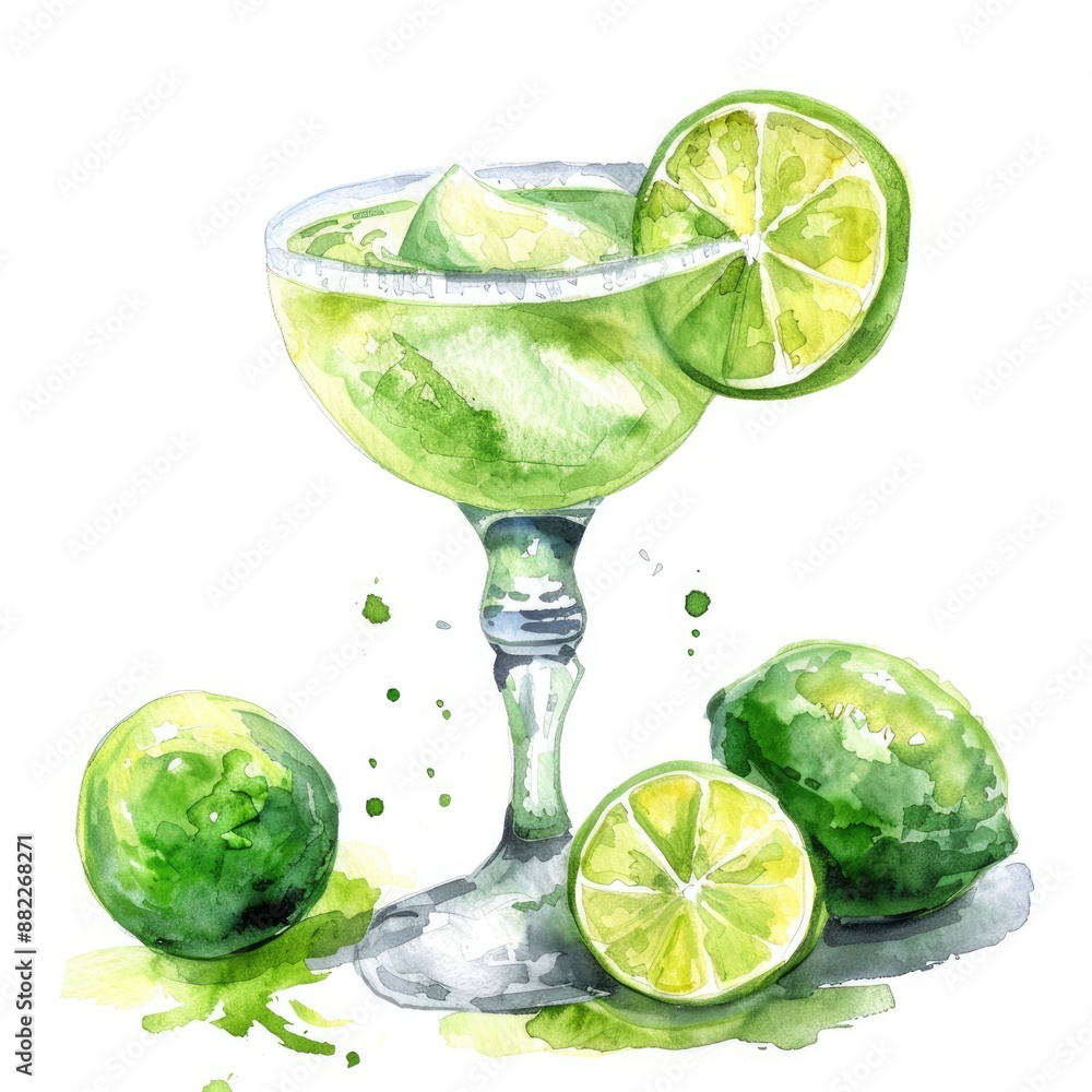 Margarita Illustration: Hand Drawn Watercolor Art of Fresh Cocktail with Limes on White Background Margarita Illustration: Hand Drawn Watercolor Art of Fresh Cocktail with Limes on White Background