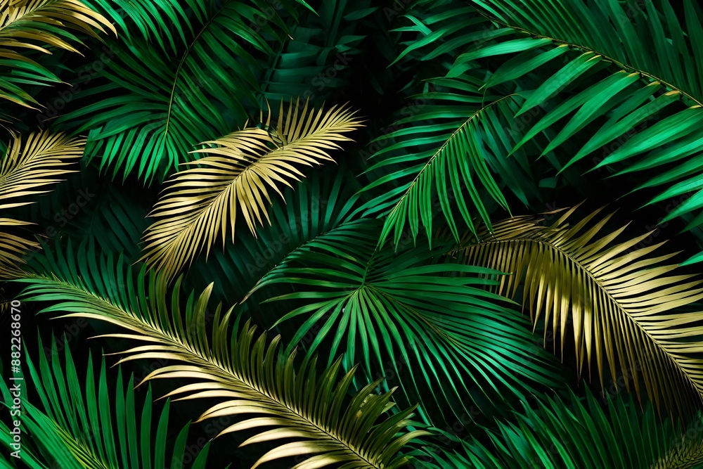Creative nature background. Gold and green tropical palm leaves. Minimal summer abstract jungle or forest pattern. Creative nature background. Gold and green tropical palm leaves. Minimal summer abstract jungle or forest pattern.