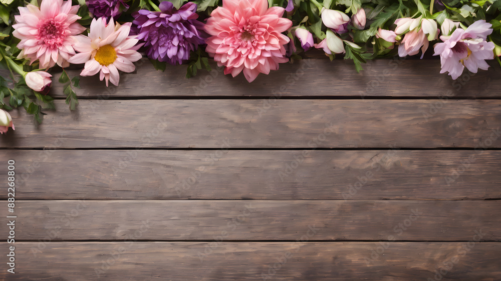 wooden background with flowers with empty space for greeting message. Love and greeting concept design. AI generated image, ai wooden background with flowers with empty space for greeting message. Love and greeting concept design. AI generated image, ai