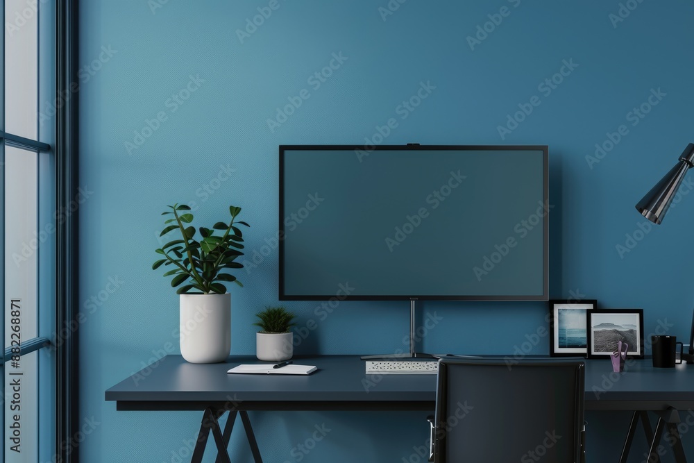Desk Area. Blue Workspace Mock Up with Creative Wall Decor Desk Area. Blue Workspace Mock Up with Creative Wall Decor