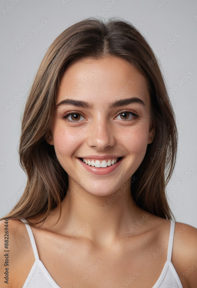Portrait view of a regular happy smiling Bulgaria girl, ultra realistic, candid, social media, avatar image, plain solid background Portrait view of a regular happy smiling Bulgaria girl, ultra realistic, candid, social media, avatar image, plain solid background