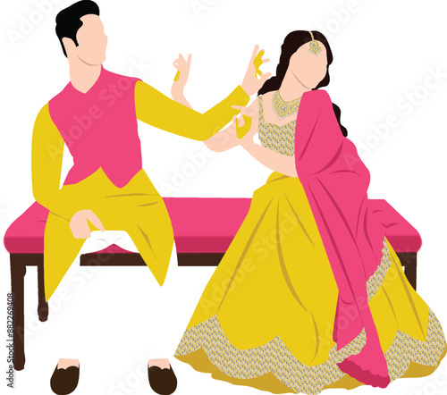 haldi ceremony bride and groom posing for indian haldi function clipart isolated on white background. beautiful indian wedding haldi couple for invitation card.