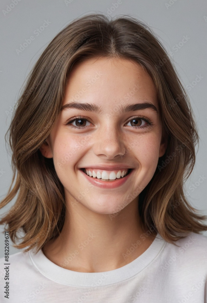 Portrait view of a regular happy smiling France girl, ultra realistic, candid, social media, avatar image, plain solid background