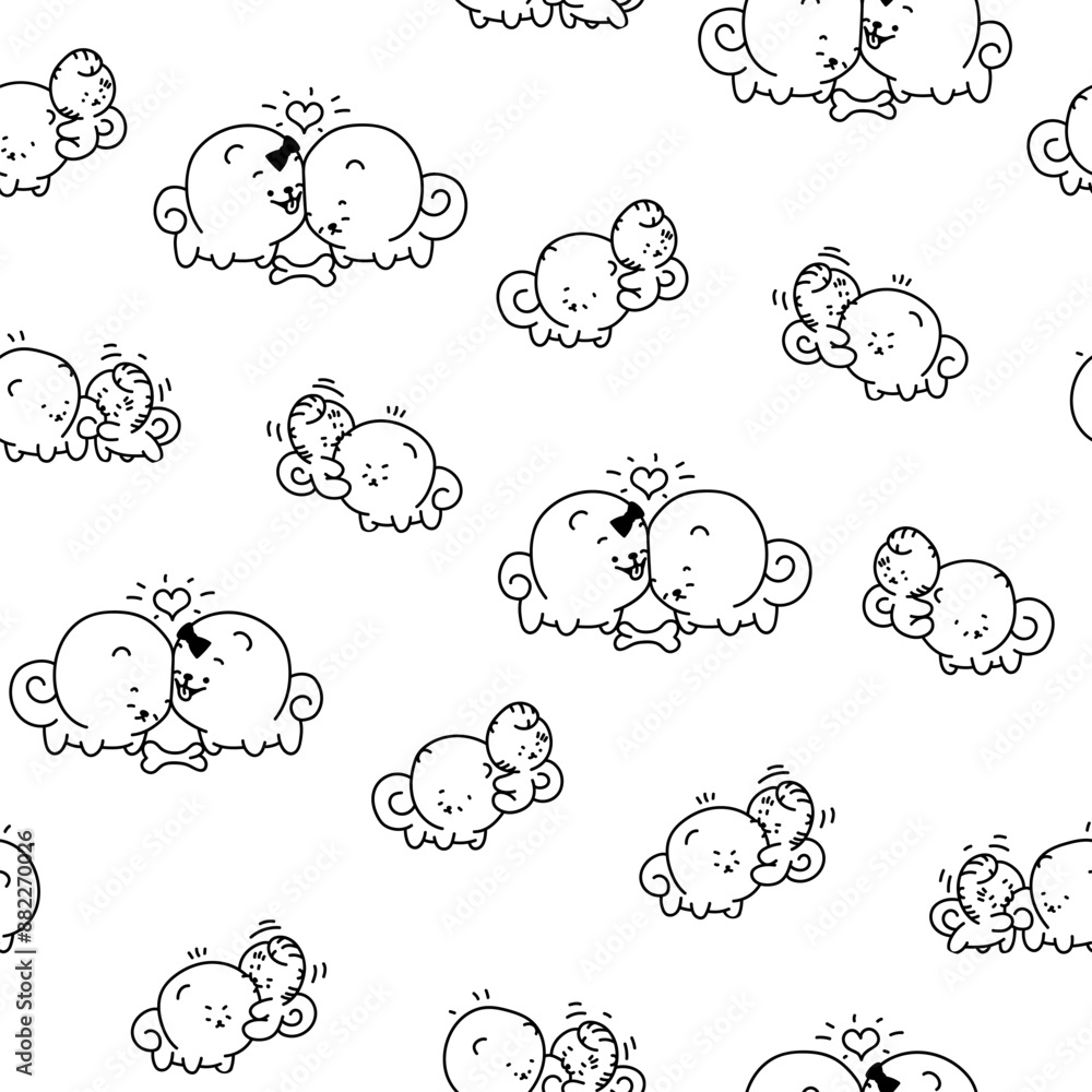 Cute kawaii pomeranian dog. Seamless pattern. Coloring Page. Cartoon character. Vector drawing. Design ornaments. Cute kawaii pomeranian dog. Seamless pattern. Coloring Page. Cartoon character. Vector drawing. Design ornaments.