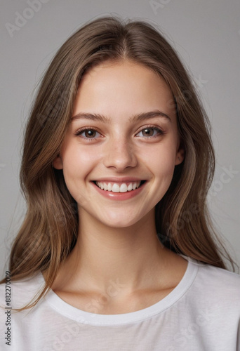 Portrait view of a regular happy smiling Latvia girl, ultra realistic, candid, social media, avatar image, plain solid background © jarntag