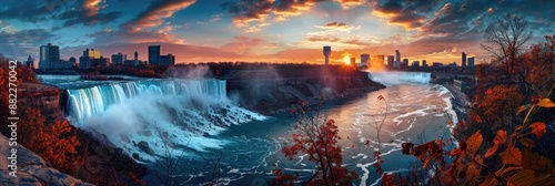 Niagara Falls Panorama: American Landscape Beauty at Sunset in New York, USA