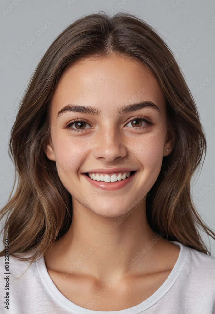 Portrait view of a regular happy smiling Montenegro girl, ultra realistic, candid, social media, avatar image, plain solid background Portrait view of a regular happy smiling Montenegro girl, ultra realistic, candid, social media, avatar image, plain solid background