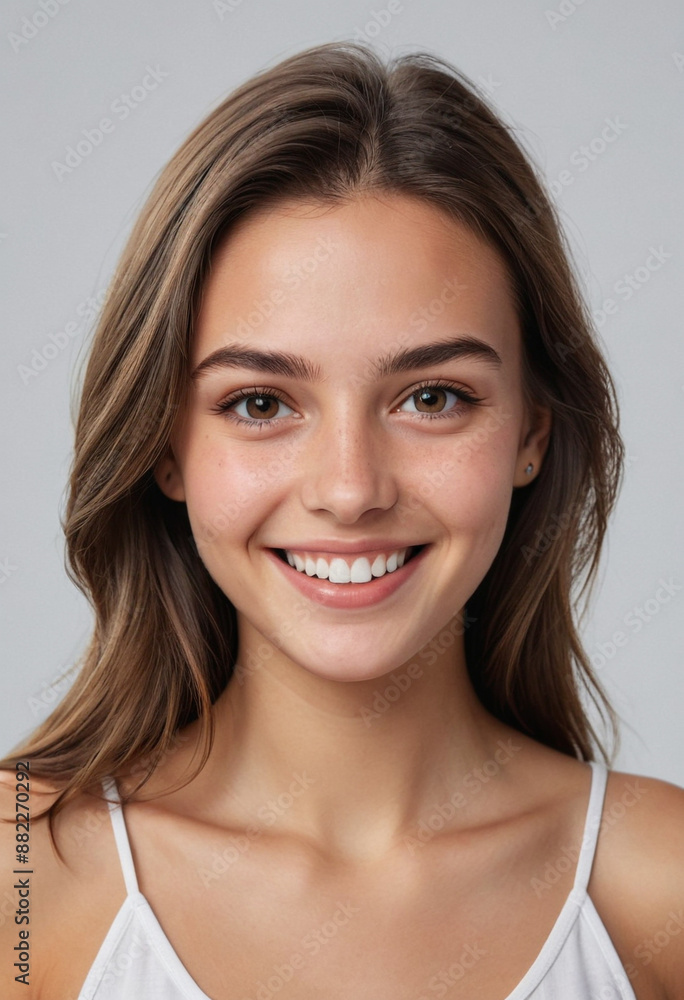 Portrait view of a regular happy smiling Montenegro girl, ultra realistic, candid, social media, avatar image, plain solid background Portrait view of a regular happy smiling Montenegro girl, ultra realistic, candid, social media, avatar image, plain solid background