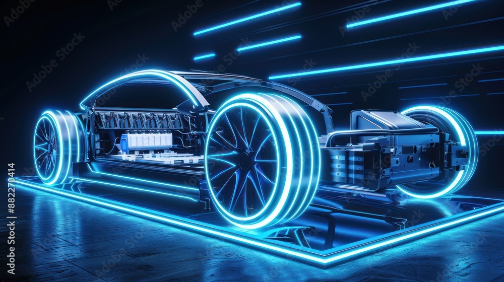 Obraz premium Futuristic Electric Car Chassis Frame with Battery and Glowing Blue Lines