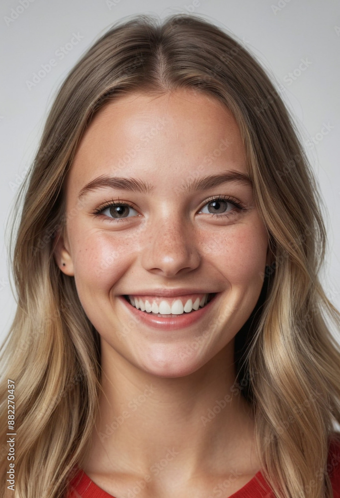 Portrait view of a regular happy smiling Norway girl, ultra realistic, candid, social media, avatar image, plain solid background Portrait view of a regular happy smiling Norway girl, ultra realistic, candid, social media, avatar image, plain solid background