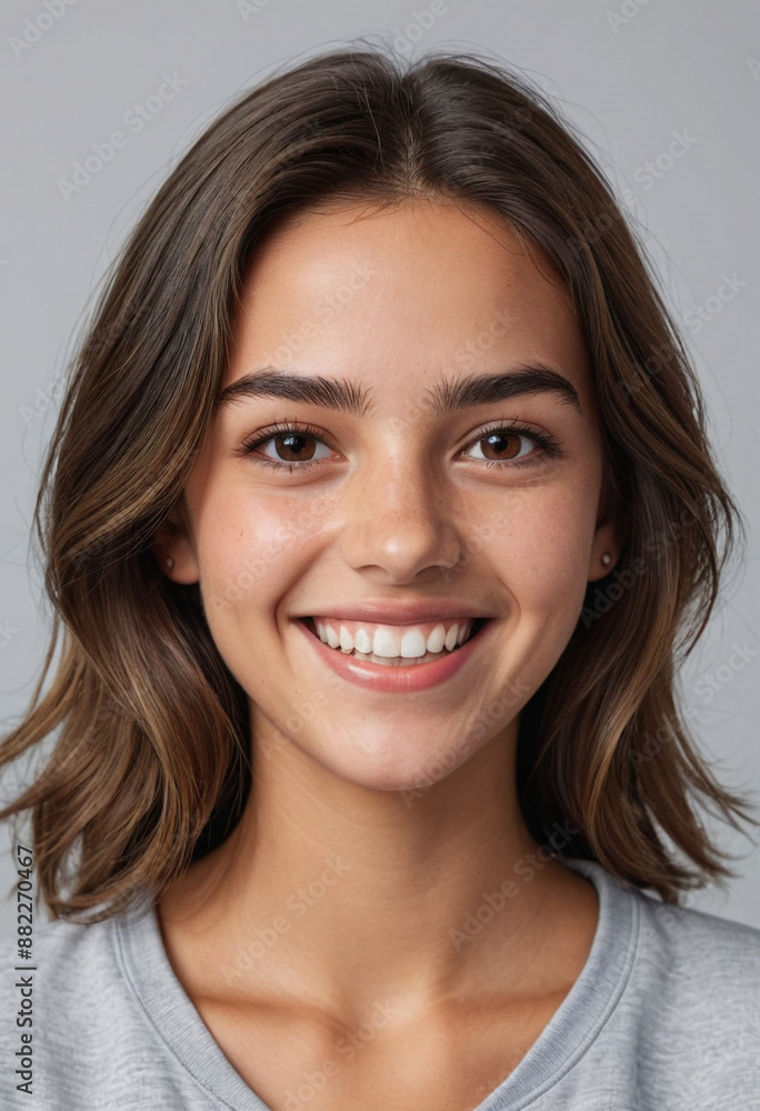 Portrait view of a regular happy smiling Portugal girl, ultra realistic, candid, social media, avatar image, plain solid background Portrait view of a regular happy smiling Portugal girl, ultra realistic, candid, social media, avatar image, plain solid background