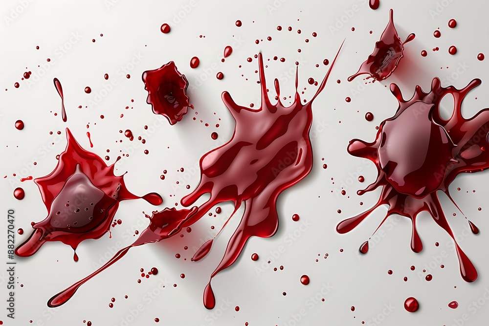 Red paint splash with drops of liquid, resembling blood and heart shapes, in a watercolor and 3D design Red paint splash with drops of liquid, resembling blood and heart shapes, in a watercolor and 3D design