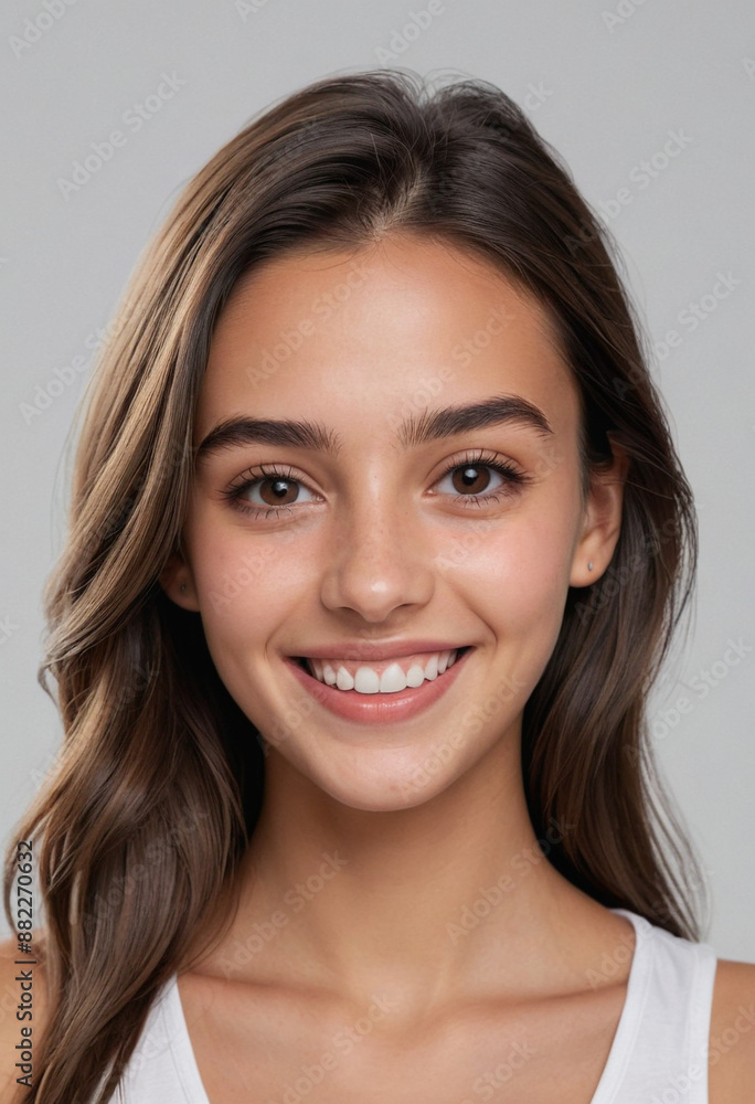 Portrait view of a regular happy smiling San Marino girl, ultra realistic, candid, social media, avatar image, plain solid background Portrait view of a regular happy smiling San Marino girl, ultra realistic, candid, social media, avatar image, plain solid background