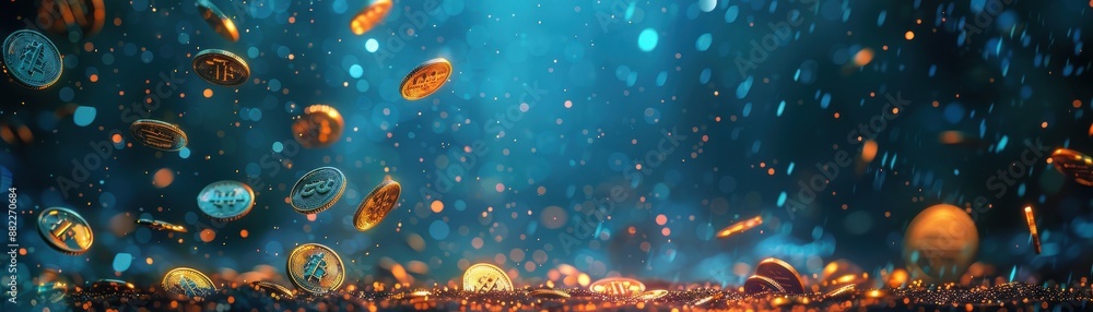 Naklejka premium A rainstorm of falling coins nourishing a garden in a lush forest theme, front view, symbolizing financial growth, futuristic tone, Complementary Color Scheme