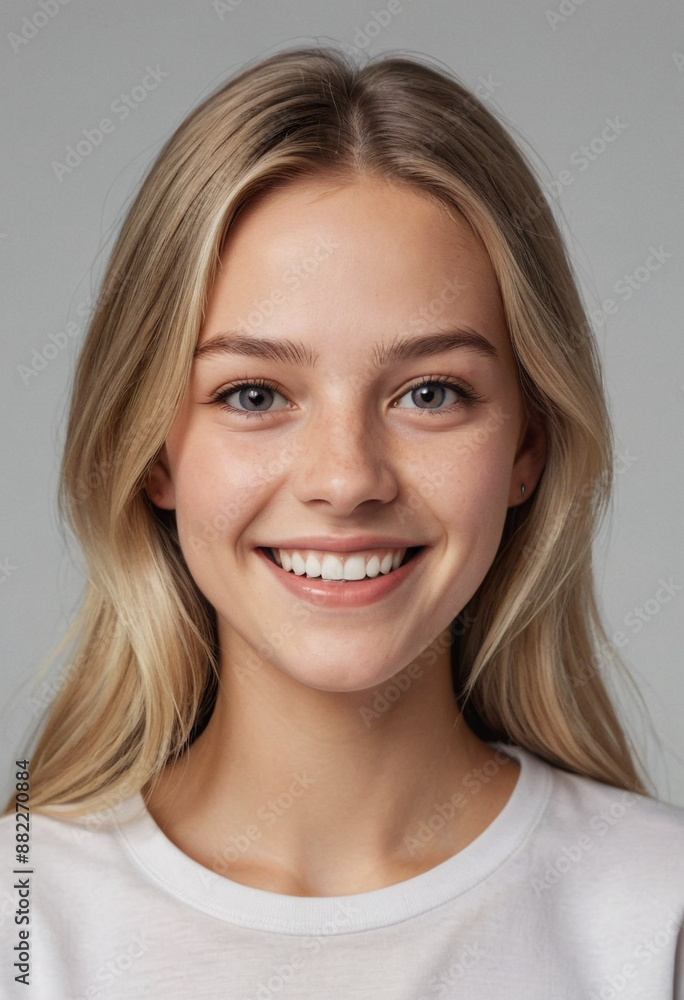 Portrait view of a regular happy smiling Sweden girl, ultra realistic, candid, social media, avatar image, plain solid background Portrait view of a regular happy smiling Sweden girl, ultra realistic, candid, social media, avatar image, plain solid background