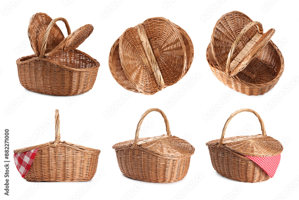 Wicker rattan basket for picnic isolated on white, top and side views. Collage Wicker rattan basket for picnic isolated on white, top and side views. Collage