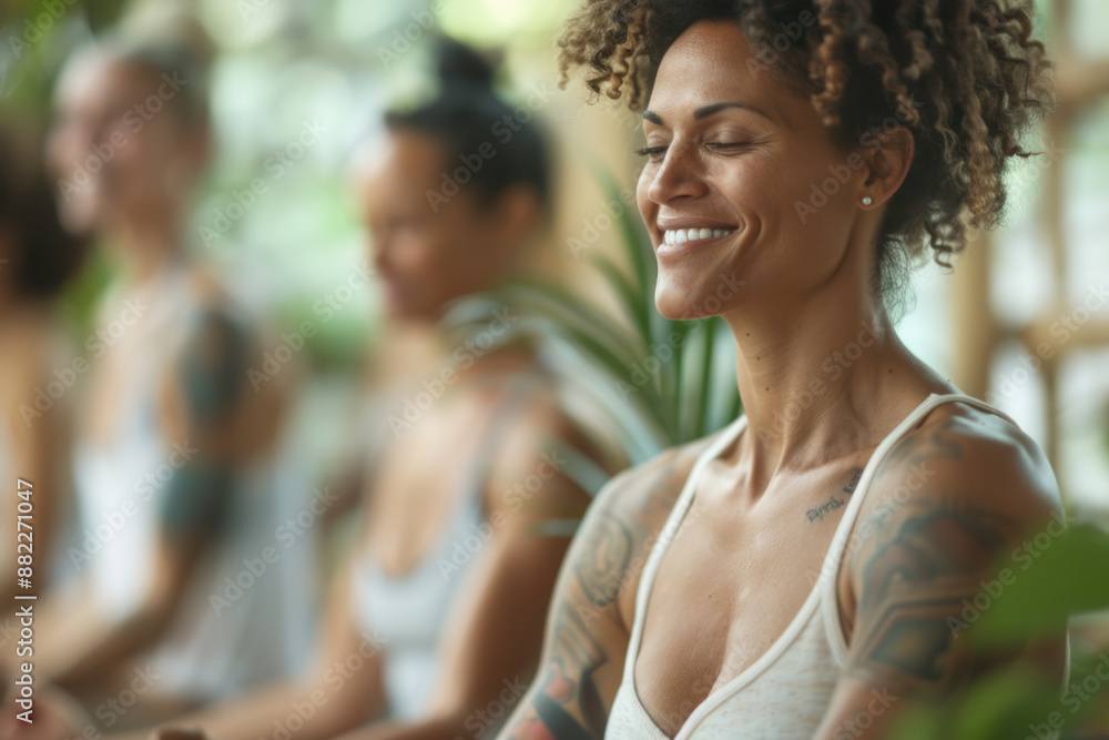 Group of happy smiling mix race people practicing yoga in the botanical garden, surrounded by green tropical plants Group of happy smiling mix race people practicing yoga in the botanical garden, surrounded by green tropical plants