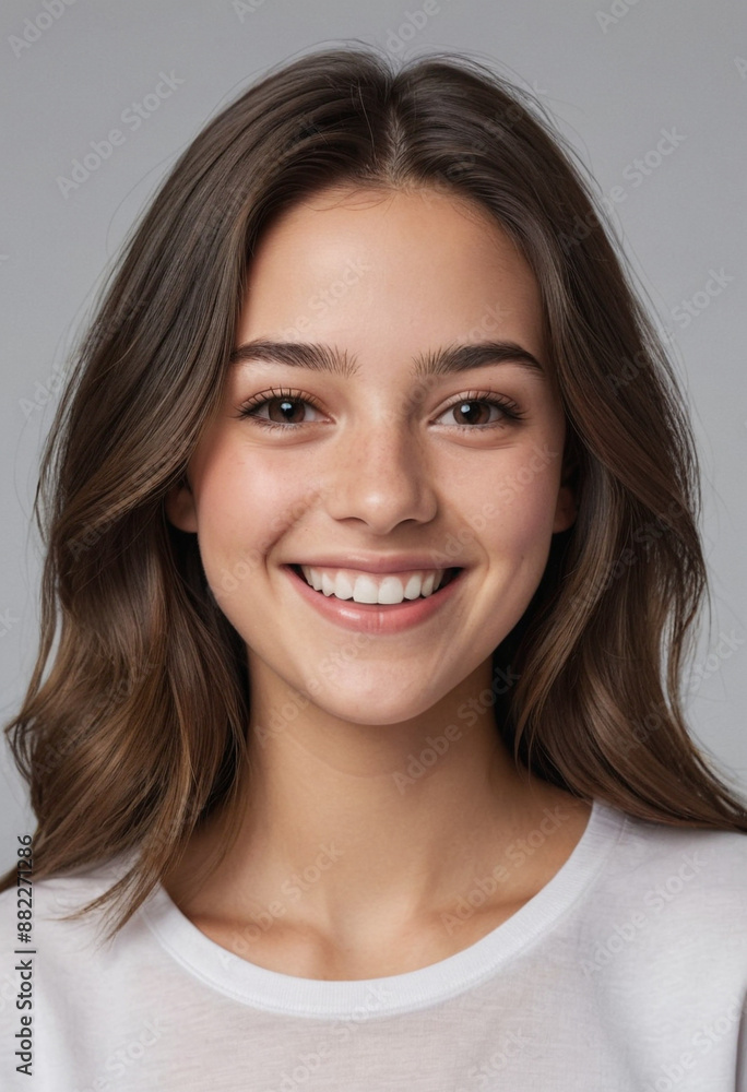 Portrait view of a regular happy smiling Canada girl, ultra realistic, candid, social media, avatar image, plain solid background Portrait view of a regular happy smiling Canada girl, ultra realistic, candid, social media, avatar image, plain solid background