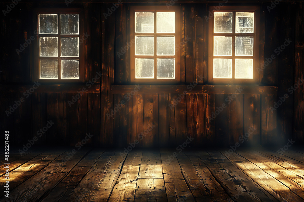 Sunlight streams through rustic wooden windows, casting warm, golden beams onto the old, worn wooden floor, creating a nostalgic atmosphere. High Quality Sunlight streams through rustic wooden windows, casting warm, golden beams onto the old, worn wooden floor, creating a nostalgic atmosphere. High Quality