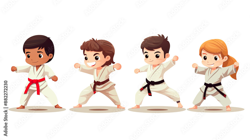 Fototapeta premium Children practicing martial arts isolated on a white background