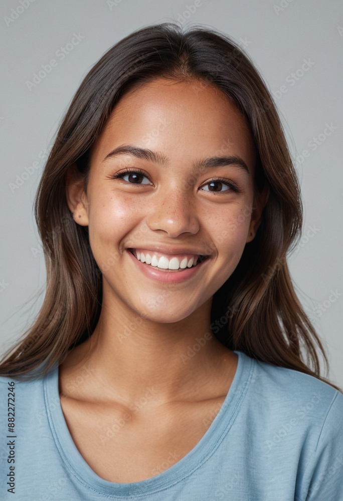 Portrait view of a regular happy smiling Palau girl, ultra realistic, candid, social media, avatar image, plain solid background Portrait view of a regular happy smiling Palau girl, ultra realistic, candid, social media, avatar image, plain solid background
