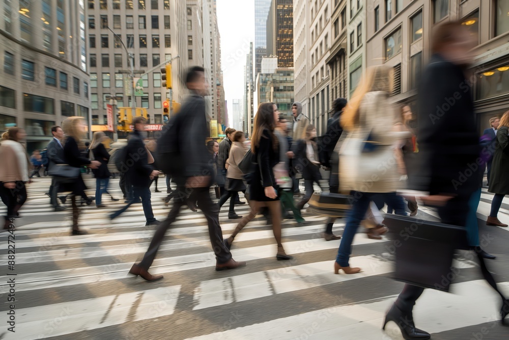 Busy city street with blurred pedestrians Busy city street with blurred pedestrians