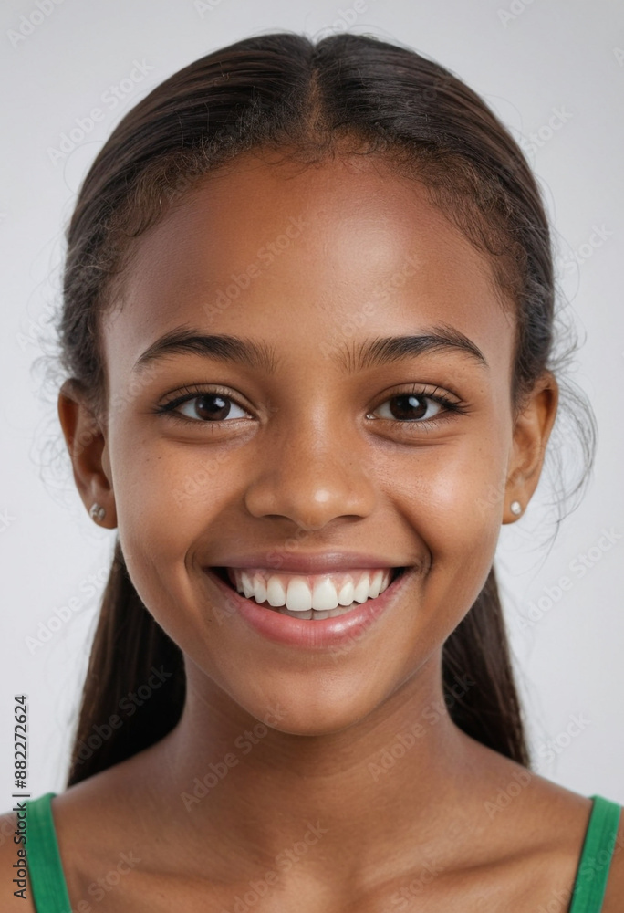 Portrait view of a regular happy smiling Guyana girl, ultra realistic, candid, social media, avatar image, plain solid background