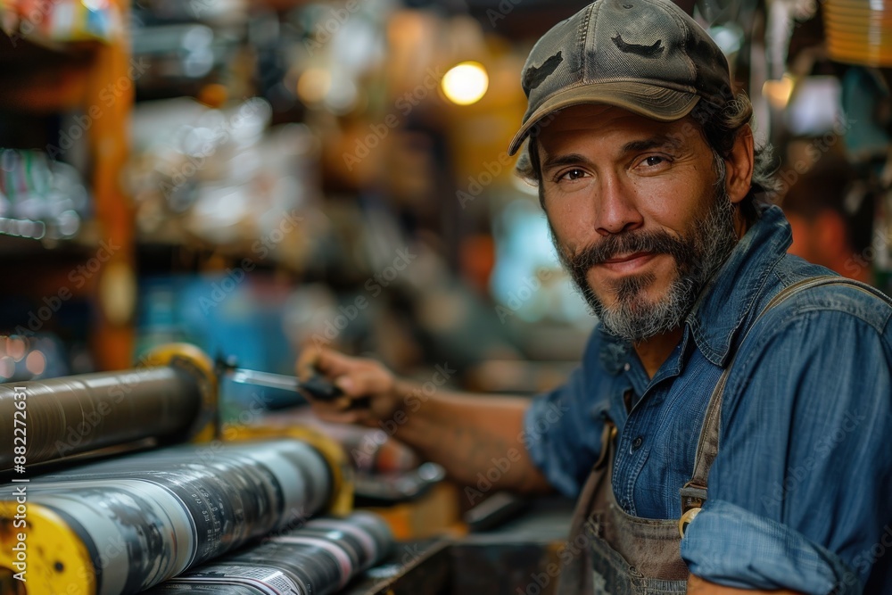 A worker with a light beard, focused intensely on operating machinery in a busy workshop, surrounded by various machine parts and tools, reflecting dedication and skill. A worker with a light beard, focused intensely on operating machinery in a busy workshop, surrounded by various machine parts and tools, reflecting dedication and skill.