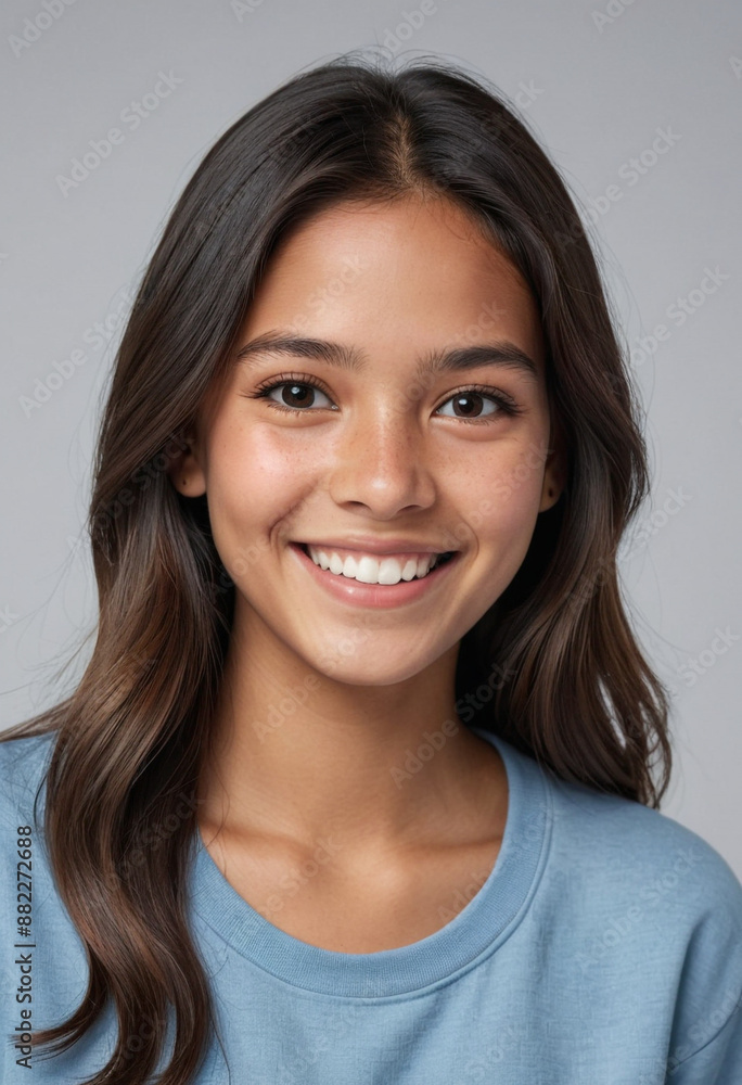 Portrait view of a regular happy smiling Peru girl, ultra realistic, candid, social media, avatar image, plain solid background Portrait view of a regular happy smiling Peru girl, ultra realistic, candid, social media, avatar image, plain solid background