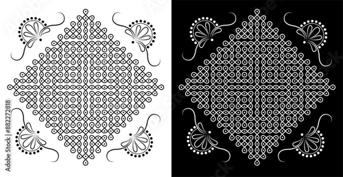 Indian Traditional and Cultural Rangoli or Kolam design concept of line art isolated on black and white background - vector illustration