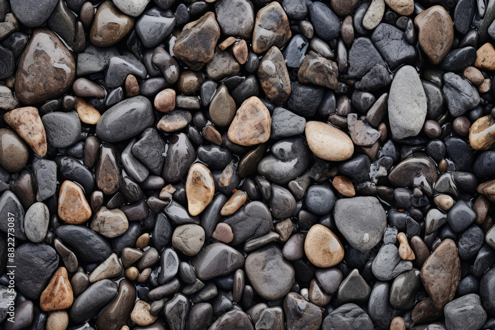 Processed collage of wet pebble stones on asphalt texture. Background for banner, backdrop Processed collage of wet pebble stones on asphalt texture. Background for banner, backdrop