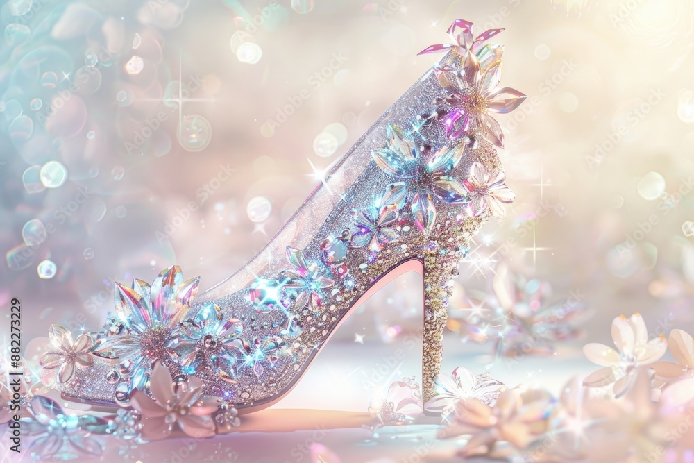 An elegant princess high heel made of shimmering glass, adorned with delicate crystal flowers and a sparkling silver heel. An elegant princess high heel made of shimmering glass, adorned with delicate crystal flowers and a sparkling silver heel.