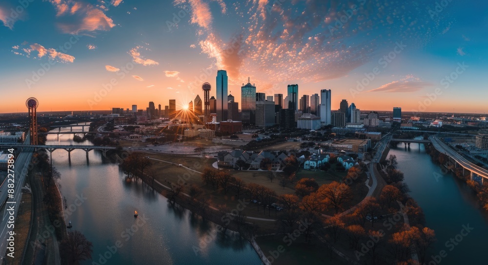 Naklejka premium Dallas Tx Downtown Skyline Aerial Panorama with Iconic Architecture