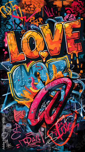 An artistic graffiti wall adorned with the vibrant word love in azure and orange paint, showcasing beautiful font and intricate lines of artistry