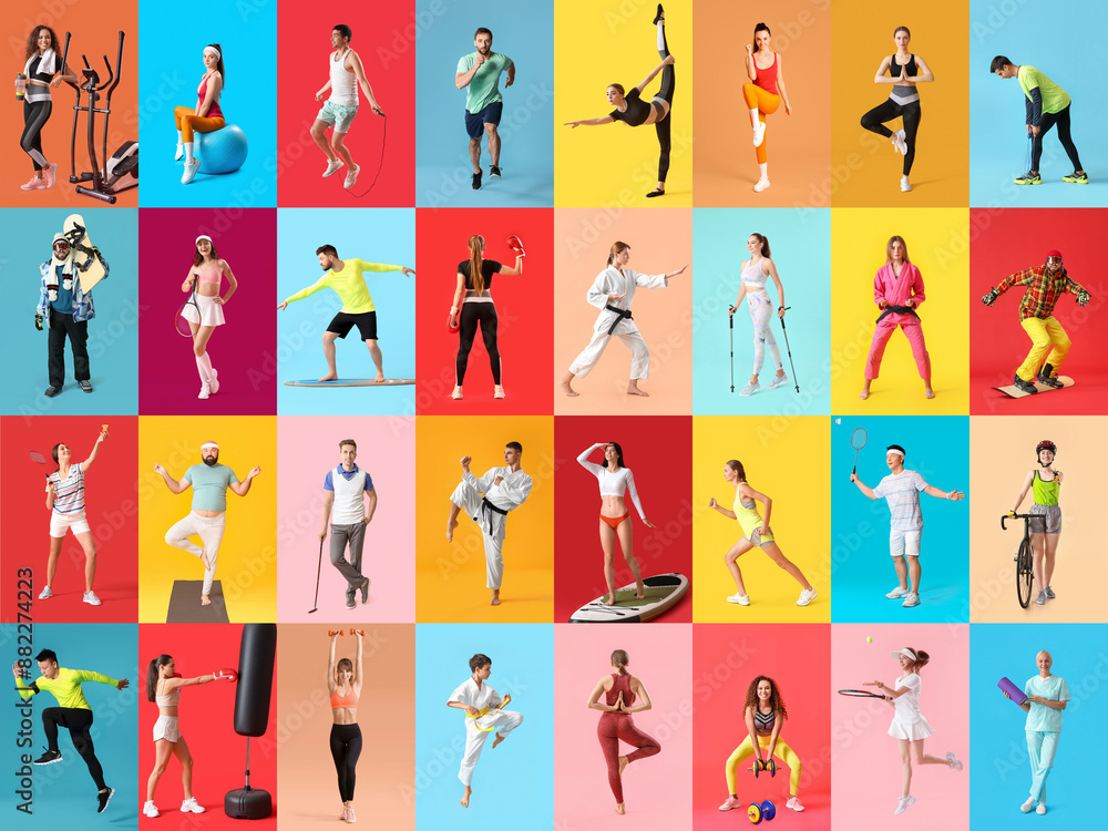 © Pixel-Shot - Collage of many sporty people on color background