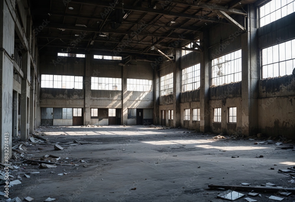an empty warehouse with the windows open and the sun shining through an empty warehouse with the windows open and the sun shining through