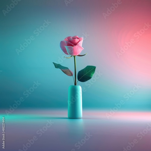 A stunning pink rose in a teal vase against a gradient background, perfect for art or decor themes in digital and print projects. photo