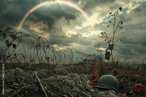 Anti-War Concept: Nature Reclaiming Battlefield with Abandoned Weapons and Helmets, Overgrown with Flowers and Vines, Bright Rainbow in Sky Symbolizing Hope and Healing photo