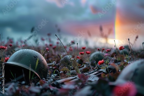 Anti-War Concept: Nature Reclaiming Battlefield with Abandoned Weapons and Helmets, Overgrown with Flowers and Vines, Bright Rainbow in Sky Symbolizing Hope and Healing photo